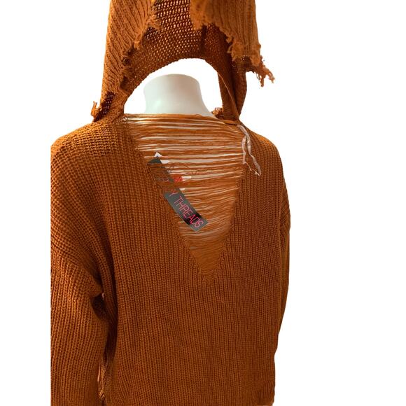 Trendy threads Orange / Mustard frayed hooded Knit sweater NWT - Picture 5 of 6